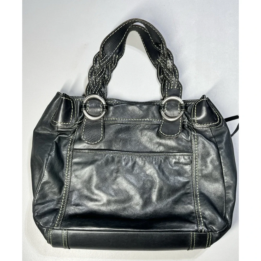 Fossil Leather Handbag Shoulder Tote Bag Black Large Braided Straps Key Charm - Picture 2 of 16